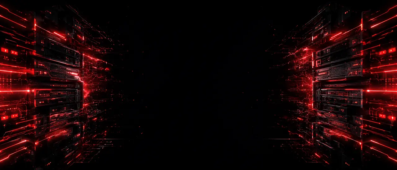 Rows of red-lit server racks in a dark data center